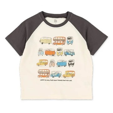 日本西松屋 - 童趣插畫車車短袖上衣-炭灰x白