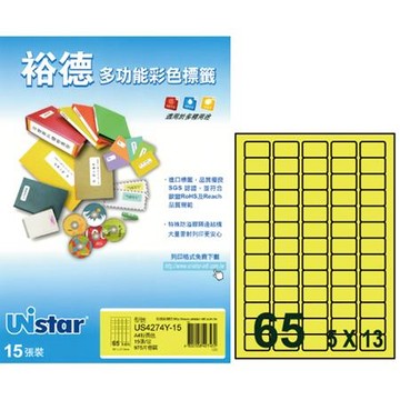 裕德Unistar三用列印電腦標籤/US4274Y-15/粉黃色/65格/31.8x21.2mm/15張/包