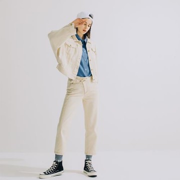 LOEN 原創設計日系百搭學生休閑街頭米白早春牛仔外套套裝 FUDGE