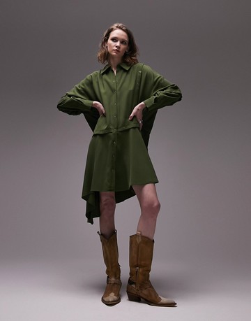 Topshop popper mini shirt dress in khaki-Green