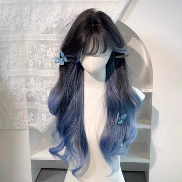 免運👑【免戴髮網】假髮女藍色挑染漸變齊劉海蓬鬆自然長捲髮無痕補髮片中長假髮 增髮量 髮片 女生假髮 仿真髮 假髮 OX4