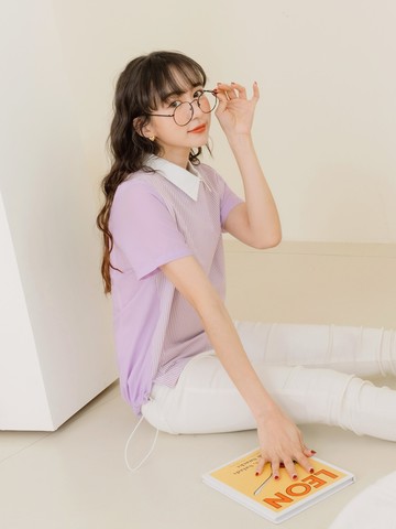 條紋配色拼接衣襬束口上衣