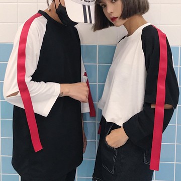 FINDSENSE Z1 日系 時尚 潮 男女 情侶款 時尚 寬鬆 拼色 衣袖開口 飄帶 長袖T恤 上衣 衛衣