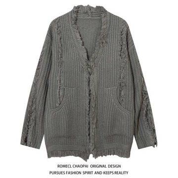 ROMECL法式古著感vintage毛邊流蘇開衫毛衣男女潮日系慵懶風外套