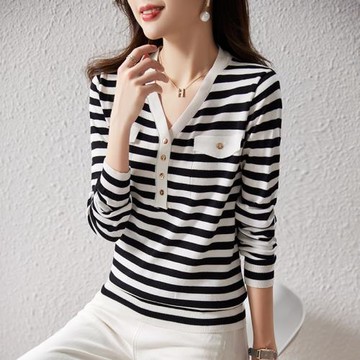 條紋針織打底衫女士裝春秋冬2025年新款爆款v領洋氣內搭毛衣上衣