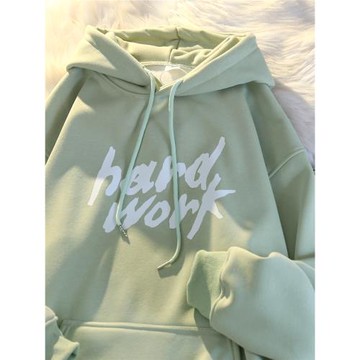 2023新款純棉早春淡綠色加絨加厚連帽衛衣女秋冬寬松韓版套頭外套