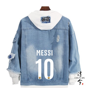 西甲足球隊巴薩messi梅西周邊應援服足球迷看球秋冬牛仔夾克外套