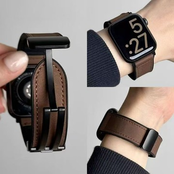 真皮質折疊磁吸扣手錶帶 男女通用 適用 Apple iwatch S10/S9/Ultra/8/7/6/5/4 蘋果手錶