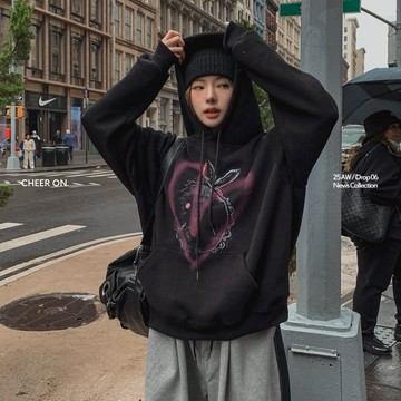 [HYC] 韓國代購 噴漆感 兔子 塗鴉 愛心 重磅厚磅 內刷毛 帽T 連帽衛衣 Y2K 刷色愛心 寬鬆 男女不拘 情侶
