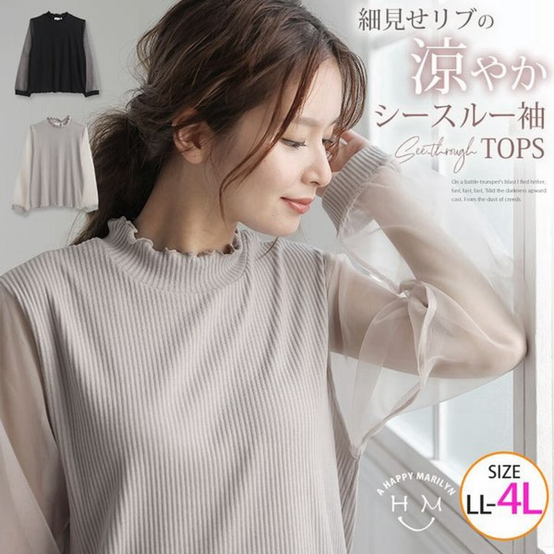 大きいサイズ レディース トップス カットソー 長袖 シースルー切替 テレコリブ プチハイ メロウ トップス プルオーバー 秋服 30代 40代 50代 ファッション 通販 Lineポイント最大0 5 Get Lineショッピング