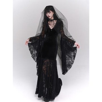 幽靈少女絕美巨顯身材黑色絲絨蕾絲連衣裙哥特風長裙子宴會禮服裙