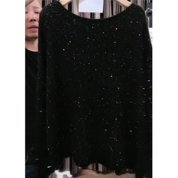 歐貨重工亮片一字領毛衣女2025年秋冬新款慵懶寬松長袖上衣針織衫
