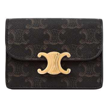 CELINE TRIOMPHE 金屬LOGO印花翻蓋零錢卡包.深咖