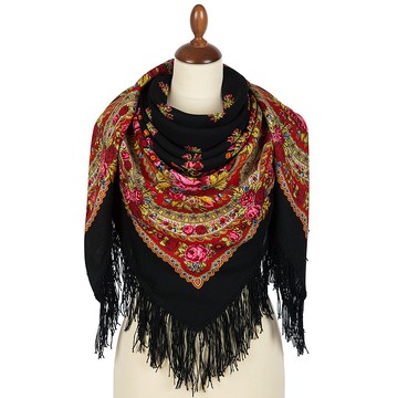 Pavlovo Posad 俄羅斯披肩 100% 羊毛圍巾 125x125 厘米羊毛流蘇 1901-18