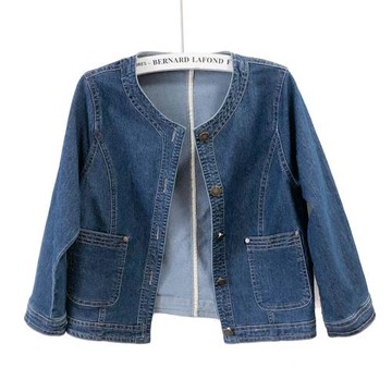 百搭復古深藍色圓領牛仔外套女薄款短款春夏季修身顯瘦七分袖外搭