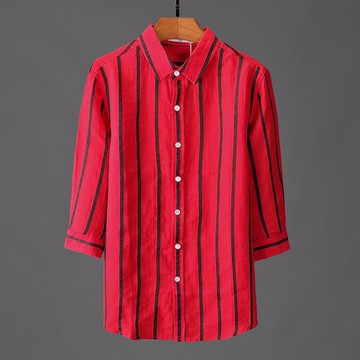 紅色大條紋苧麻七分袖襯衫男士休閑透氣中袖麻料襯衣上衣男裝夏E