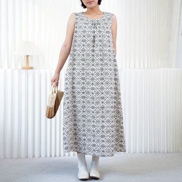 印花皺褶無袖洋裝719894