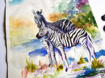 兩隻斑馬藝術品手繪紙上水彩畫