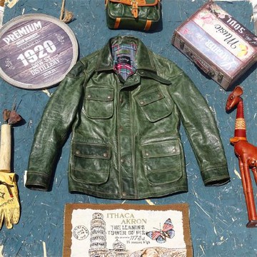 M65改版獵裝款油蠟做舊馬皮真皮皮衣男多口袋立領修身顯瘦叢林色