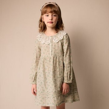 PIPPY 歐風田園印花蕾絲大領片優雅連身裙洋裝  綠-130