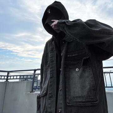 黑色牛仔外套男美式復古高街上衣春秋新款潮牌寬松多口袋工裝夾克