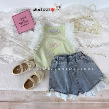 🌈✨mix1001細工蝴蝶結🎀小花刺繡無袖上衣✨兒童刺繡造型網紗車縫背心上衣 5-17