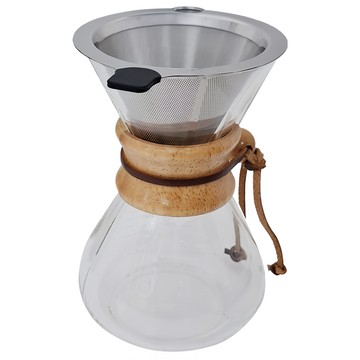 松木分享壺組 耐熱玻璃 松木手柄 不鏽鋼濾杯  400ml  1組