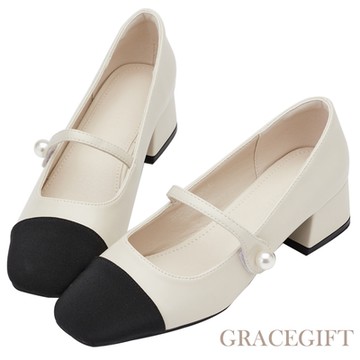 【Grace Gift】THREE-摩登名媛方頭撞色中跟瑪莉珍鞋  米白