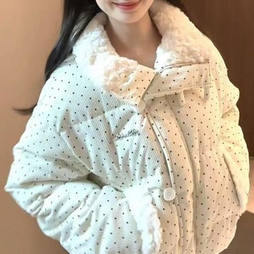 新款🔥韓系設計波點棉服毛領冬季保暖甜美新款加厚寬鬆棉襖外套麪包短款 秋冬款保暖上衣 高品質秋冬外套 秋冬休閒大碼女裝