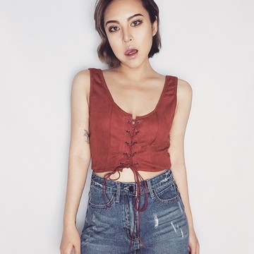 FINDSENSE G6 韓國時尚 性感麂皮絨胸前綁帶綁繩吊帶短款小背心上衣打底顯瘦