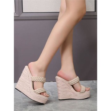 坡跟涼拖鞋夏季14cm超高跟一字帶編織涼鞋時尚厚底防水臺女款女鞋