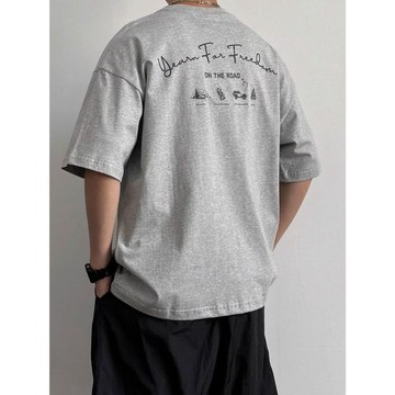 日系 短袖上衣 穿搭 男女不拘 休閒 新款字母印花寬鬆圓領T恤短袖夏季百搭復古上衣純棉潮流體恤