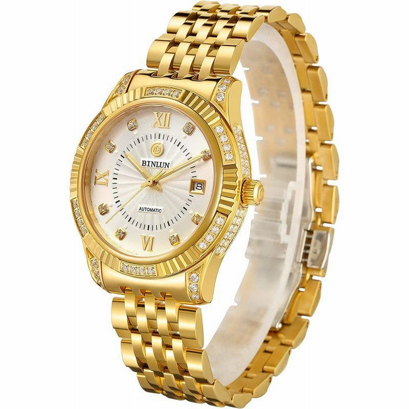 レッド系 腕時計 ゴールド メンズ BINLUN スタンダード 機械式 自動