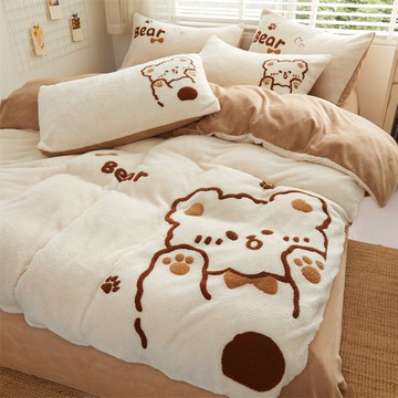 卡通風冬天牛奶絨四件套冬季珊瑚絨床上加厚雙面絨被套法蘭絨床單