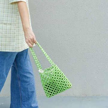 橄欖綠串珠小方包菜籃鏤空手提腋下包