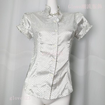 【台灣】Glove 印花法式T恤 女夏 波點 復古 排扣 修身 顯瘦 蝴蝶結 泡泡袖 辣妹上衣 上衣 辣妹 短袖 雪紡
