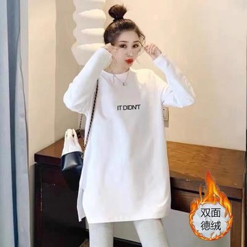 德絨保暖打底衫女2024春秋冬新款開叉加絨T恤長袖中長款內搭白色
