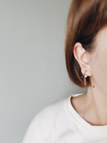 Enko | 路易的奶油夾心 紫水晶粉嫩淡水珍珠流蘇  14K耳針耳夾