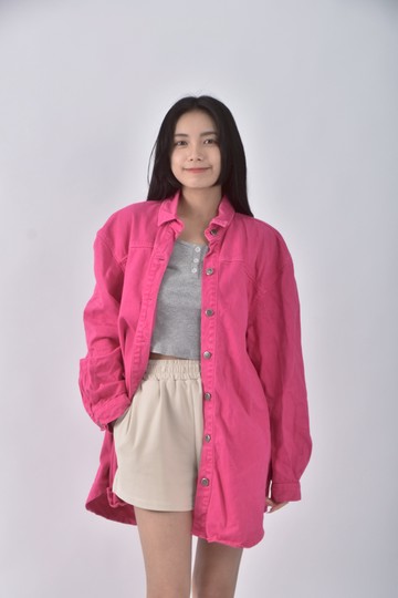 (L) 【九粒私服】nastygal丹寧牛仔質感粉色長袖上衣