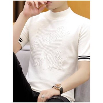 百尊2025新款夏季男裝半高領短袖T恤打底衫休閑百搭半袖針織衫潮