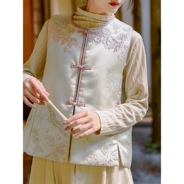 中國風緞面夾棉馬甲女春秋2025新款中式寬松復古上衣加厚馬夾外套