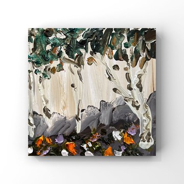 樺樹藝術樺樹原創油畫盛開的野花草地果園