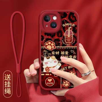 好運招財貓適用蘋果16手機殼新年款蘋果15創意14時尚iPhone13高級pro情侶11PROMAX紅色12mini全包plus防摔套