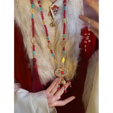 新中式古風平安鎖背云紅色長瓔珞流蘇項鏈女國風漢服馬面裙配飾品
