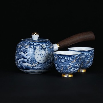 黑檀木手握壺海浪奔翔 青花瓷 茶具組│聖誕禮物