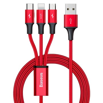 Baseus 倍思 極速系列一拖三數據線 3A快速充電 廣泛兼容  1.2m  紅色  1條