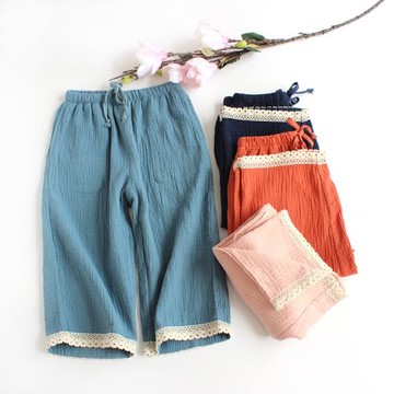 女七分褲夏季睡褲蕾絲純棉縐布水洗雙層紗布家居褲可外穿文藝002