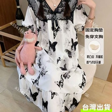 【夏季新款】甜美可愛蕾絲睡裙 中長款 帶胸墊 雲朵棉 可外穿家居服 少女睡裙 連衣裙 純欲V領 女生睡衣 夏季居家服