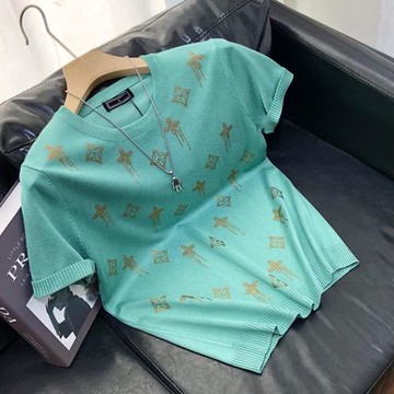 輕奢級短袖針織衫男薄款夏季歐美潮流燙鉆印花帥氣百搭透氣針織t