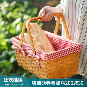木編網紅野餐籃面包籃戶外 收納籃雞蛋筐含布 手提購物籃買菜籃子